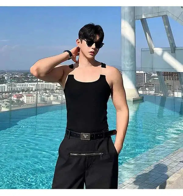 2025 New Fashion Male Vest Patchwork Personality Sleeveless Top Men's Solid Color Slim T-shirt Spring Trendy 9A8204 voguable