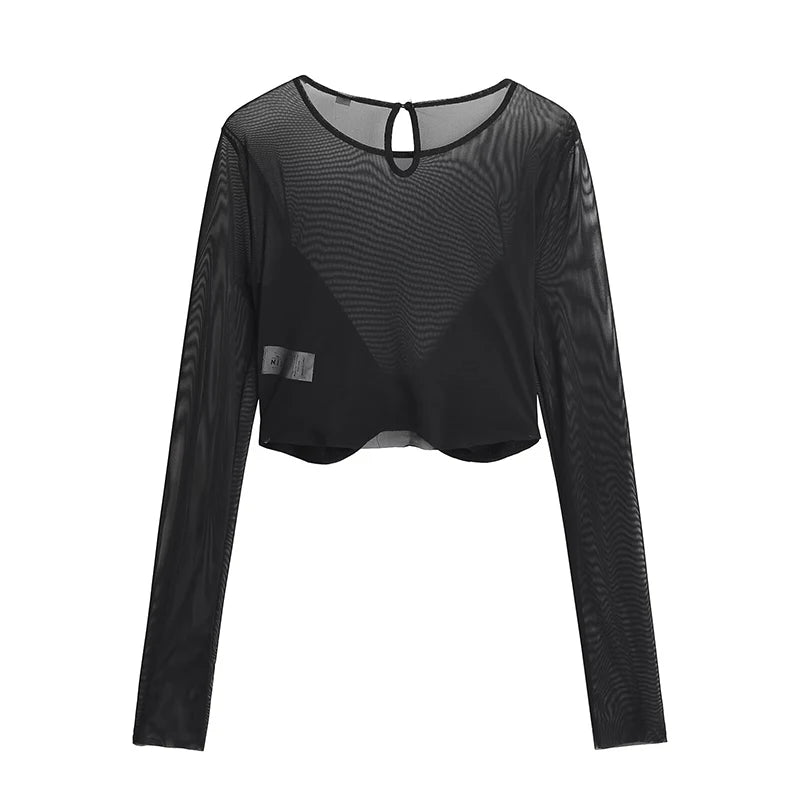 Voguable  Spring 2024 Women Sexy Semi-sheer Patchwork Mesh T Shirt Long Sleeve O Neck Black Tee Summer Crop Top voguable