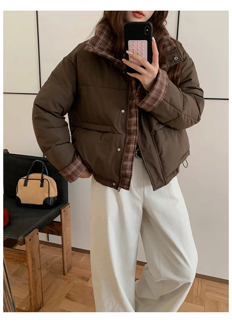 Winter Retro Puffy Parkas Women Warm Thick Plaid Patchwork Cute Coat Casual Preppy Style Korean Long Sleeve Cotton Jackets voguable