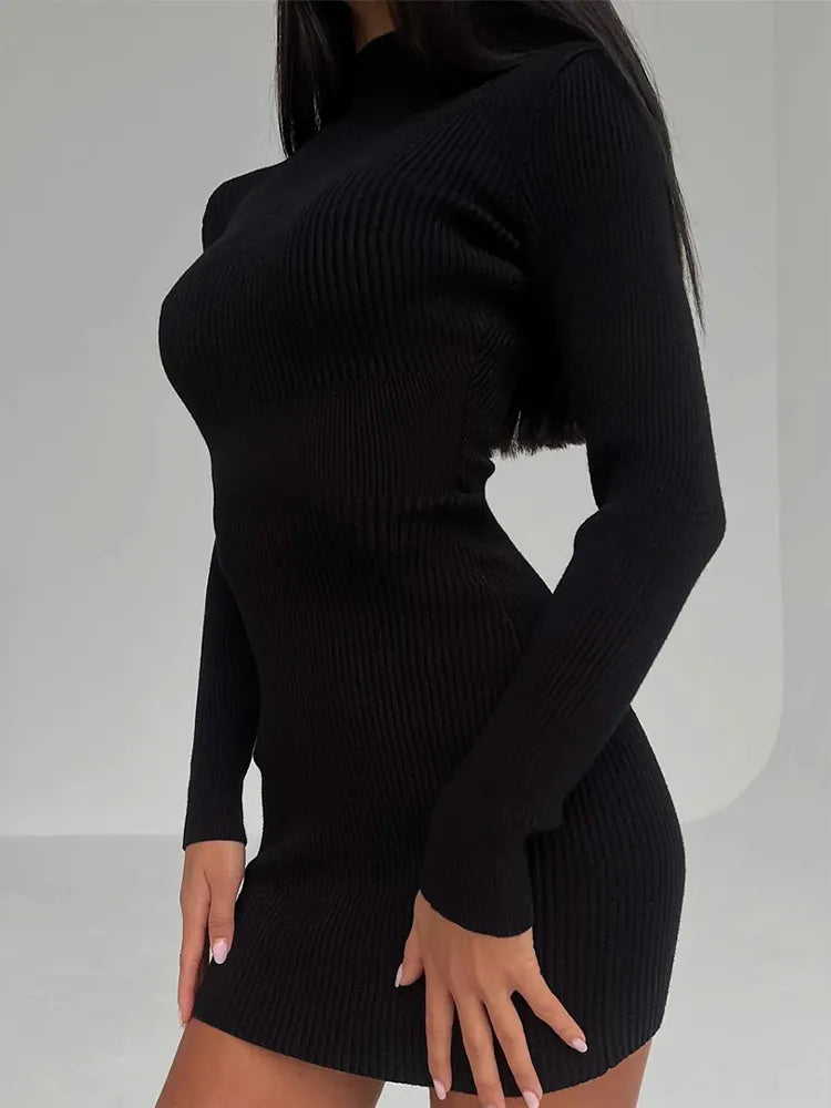 Knitted White Dress Women Elegant Fashion Turtleneck Bodycon Midi Dresses Female Autumn Winter Long Sleeve Slim Streetwear Dress voguable