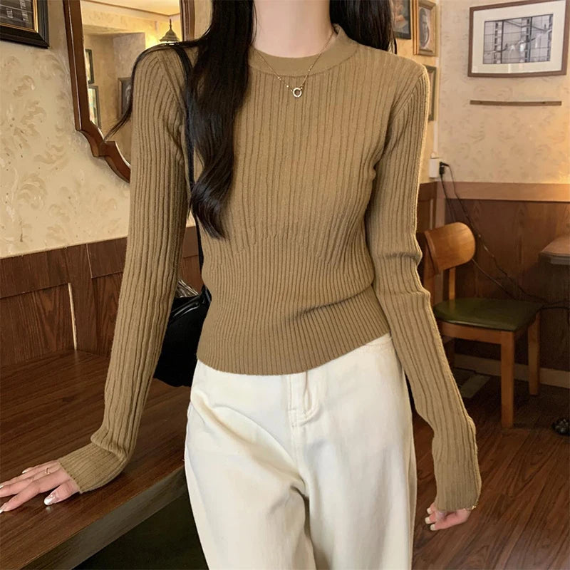 O Neck Knitted Sweater Women Korean Slim Long Sleeve Casual Crop Pullover Autumn Solid Simple All Match Sweater Female New voguable