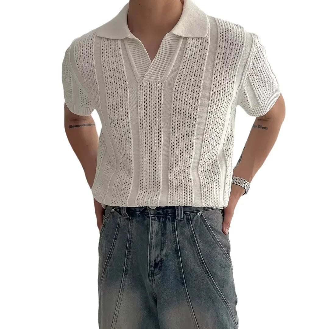 Men's Summer Korean Style Lightweight Knitshort Sleevespolo Shirt Hollow Mesh Texture Knitwear T-shirt Top Body Shirt voguable
