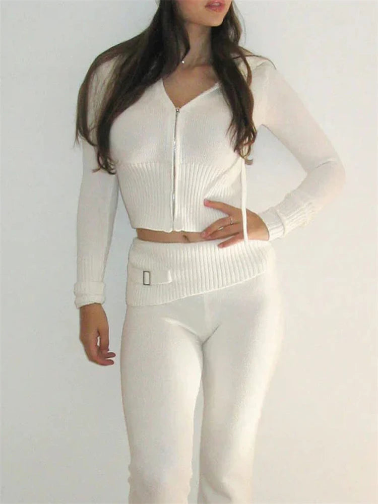 Tossy Knit Fashion 2 Piece-Set Trousers Hoodie Tracksuit Women Crop top Knitwear And Women's Pants Sets Female Trousers Outfits voguable