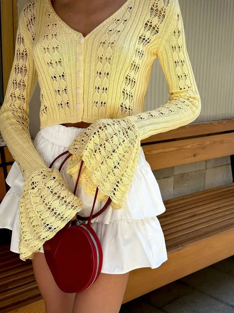 Knitwear Hollow Out Sweater Cardigan Women V-Neck Long Sleeve See-Through Cropped Top Summer Knit Patchwork Cardigan Top voguable