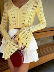 Knitwear Hollow Out Sweater Cardigan Women V-Neck Long Sleeve See-Through Cropped Top Summer Knit Patchwork Cardigan Top voguable