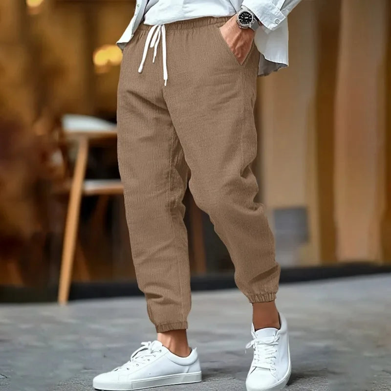 Voguable  Men's Cotton Linen Jogger Pants Spring Summer Elastic Waist Straight Fit Mid Rise Solid Color Breathable Tapered Trousers voguable