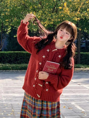 Christmas Red Sweet Cardigan Women Vintage Preppy Style Japan Knitted Sweater Casual Lazy Wind Female Fall Winter Tops New voguable