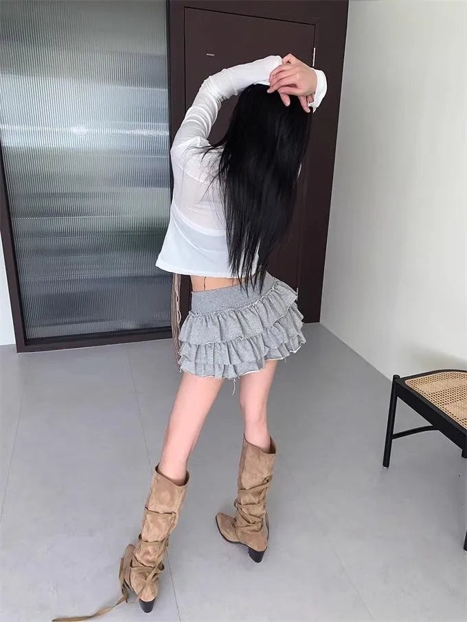 Voguable Vintage Pleated Rough Selvage Casual Cake Skirt Women 2024 Spring New High Waist Solid Color All Match Sexy Mini Skirt voguable