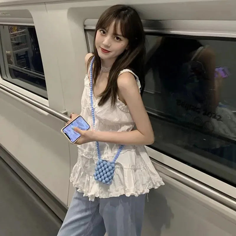 Voguable  Preppy Style Short Tank for Women Summer Ruffles Design White Camisole Woman Japanese Sweet Beach Sleeveless V-Neck Tops voguable