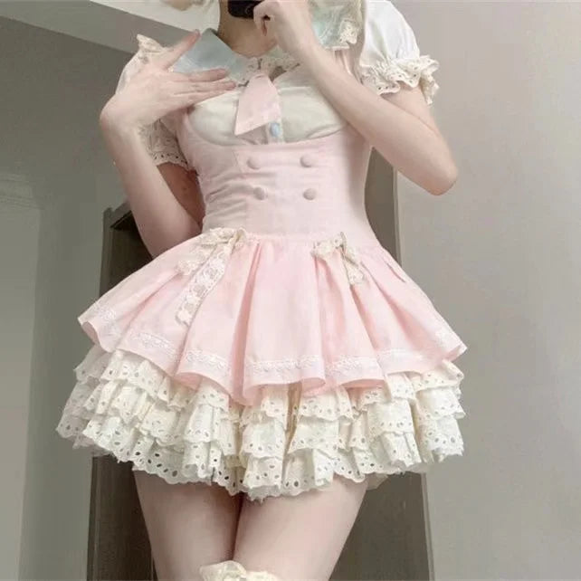 Voguable Kawaii Japanese Style 2 Piece Set Casual Blouse + Sweet Pink Y2k Mini Skirt Lace Lolita Fashion Suit Woman Design 2024 New voguable