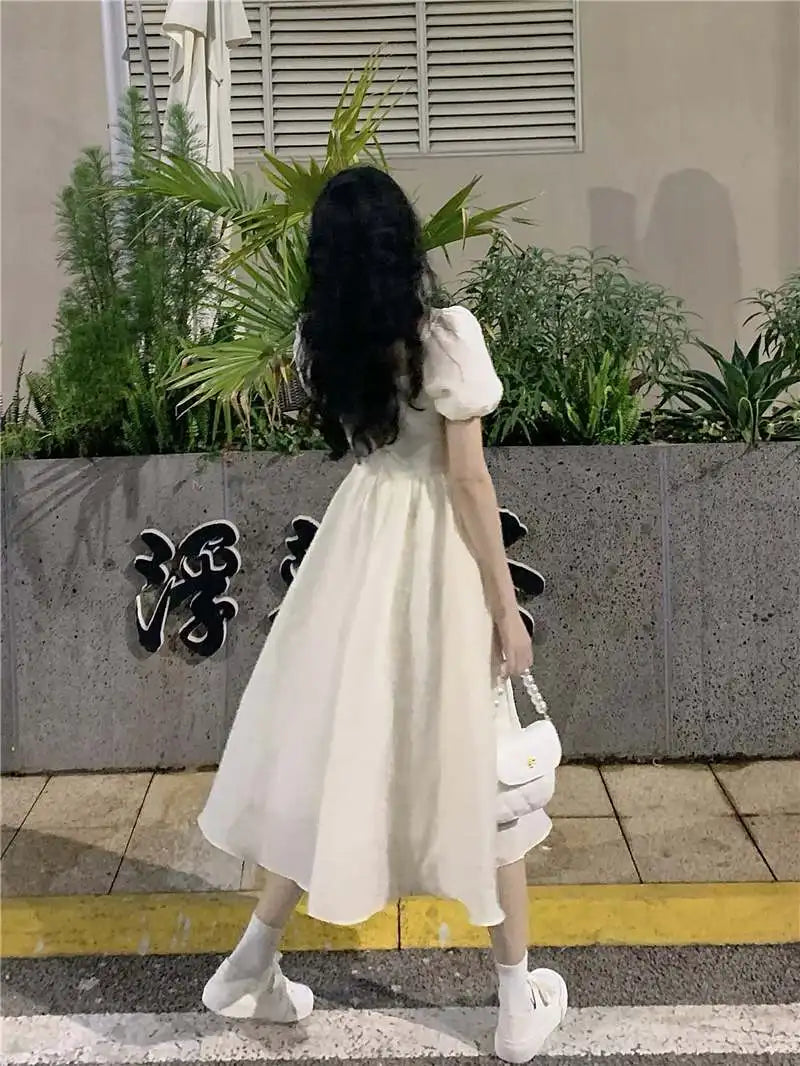 Voguable  Summer Puff Sleeve Princess Dress Women French Style Bow Tie Midi Dress Slim A-line Girl Party Fairy Dress voguable