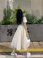 Voguable  Summer Puff Sleeve Princess Dress Women French Style Bow Tie Midi Dress Slim A-line Girl Party Fairy Dress voguable