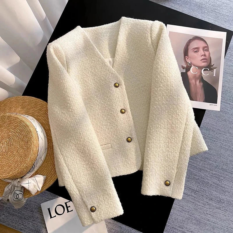 Slim Elegant Tweed Jacket Women Vintage Long Sleeve Sweet Short Coat French Casual Vintage Lady V Neck Single Breasted Tops voguable