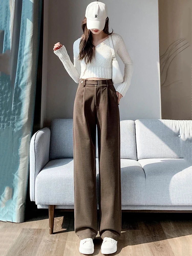 Fall Winter Woolen Suit Pants Women High Waist Loose Casual Wide-Leg Trousers Y2K Solid Korean Chic Office Lady Straight Pants voguable