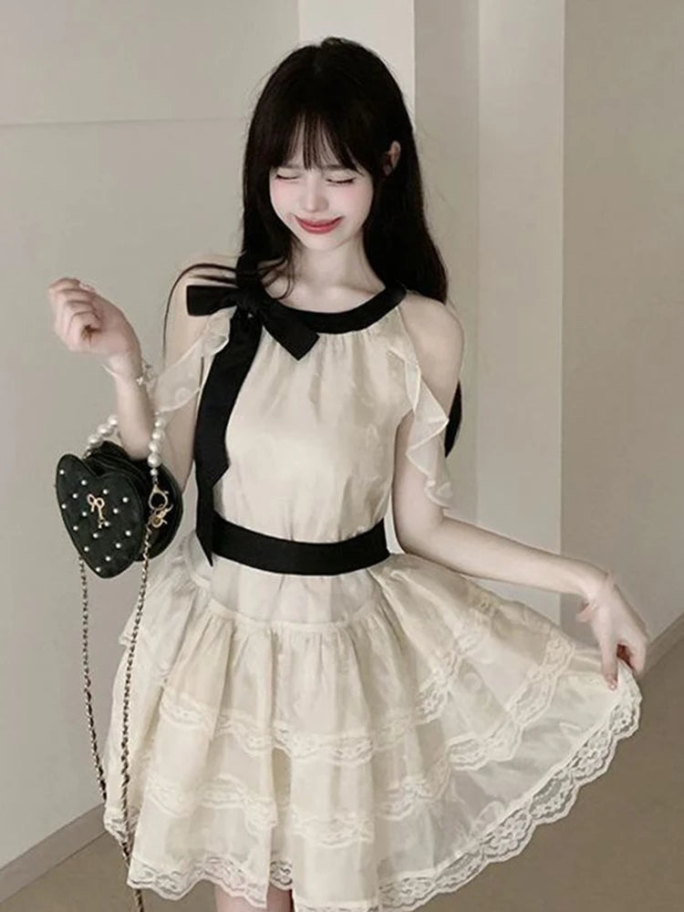 Off Shoulder Bow Sweet Dress Women Vintage O Neck Casual Elegant Mini Dress Lace Patchwork Retro Slim Lady Summer Vestidos voguable
