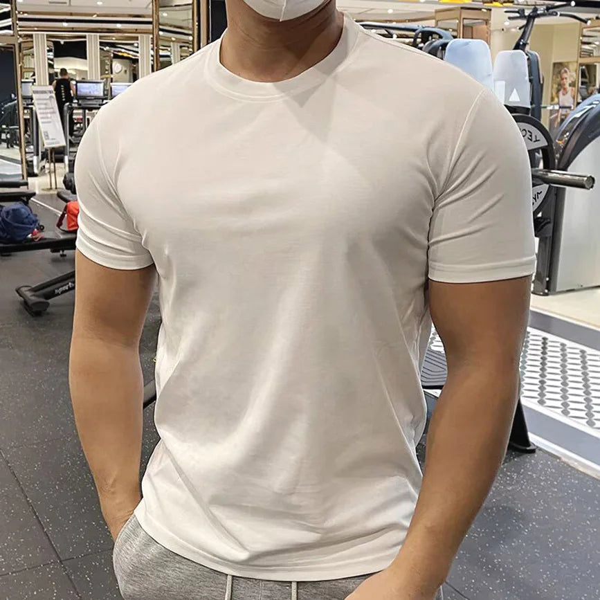 Ice Silk Gym T-shirt Men Summer O-Neck Tight Elasticity Quick Dry Short Sleeves Ultra-Light Casual Solid Running Sports T-Shirts voguable