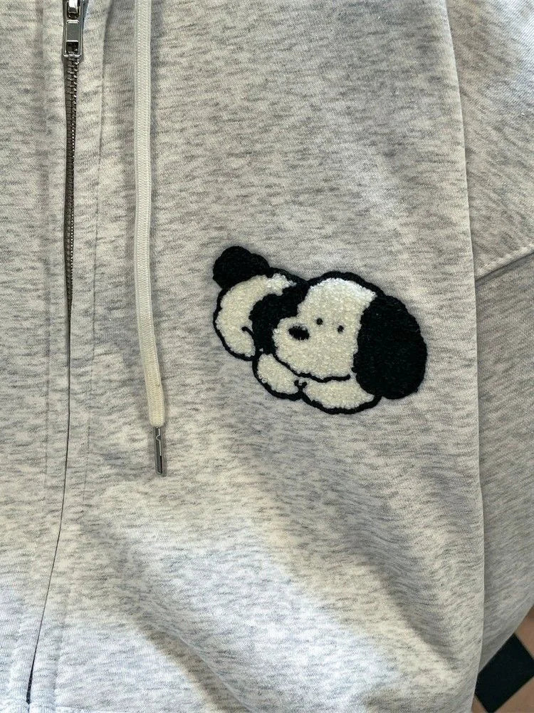 Cute Dog Cartoon Gray Hoodies Women Loose Long Sleeve Kawaii Sweatshirts Casual Vintage Preppy Style Fall Female Pockets Tops voguable