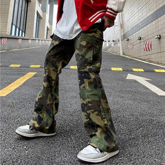 Y2K Fashion Ink Graffiti Baggy Tracksuit Cargo Flare Pants Men Joggers Camouflage Women Casual Long Trousers Ropa Hombre voguable