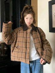 Warm Vintage Plaid Parkas Women Loose Long Sleeve Winter Thick Cotton Coat Korean Casual Pockets Cute Sweet Jacket Tops New voguable