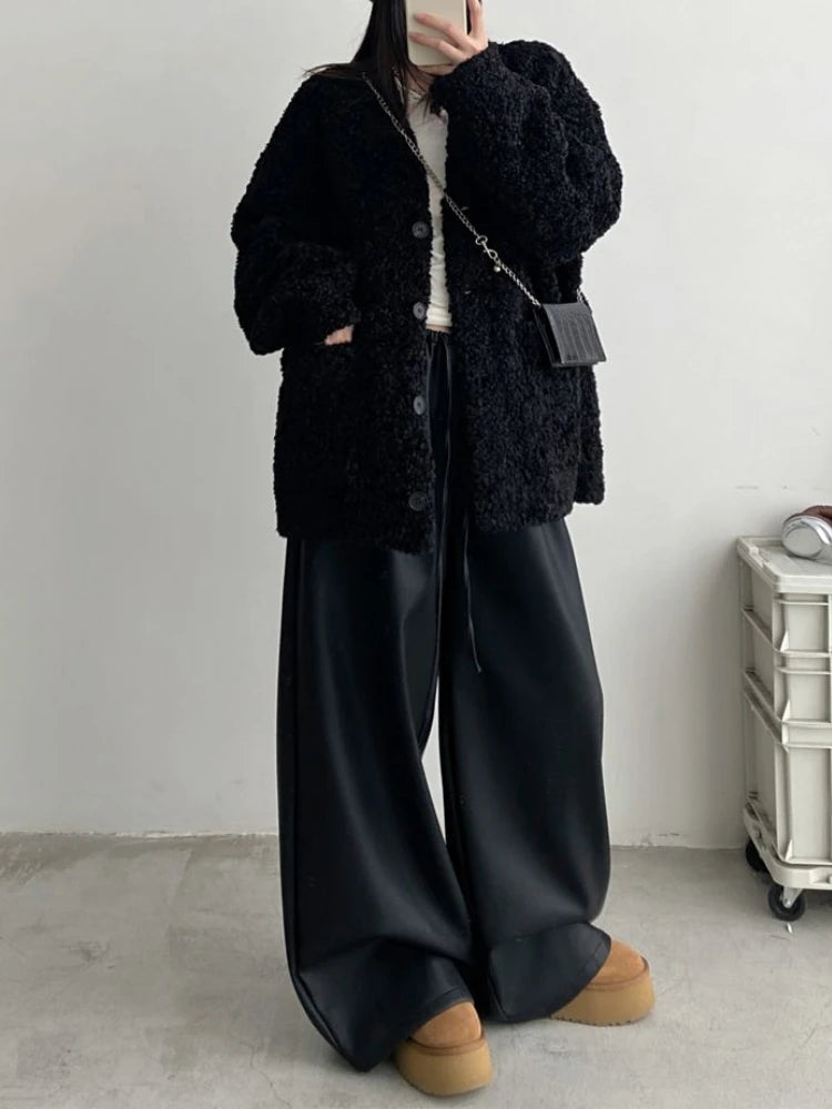 Black Pu Leather Pants Women Y2K Korean Elegant Fashion Drawstring Wide Leg Trousers High Waist Oversized Streetwear Trousers voguable