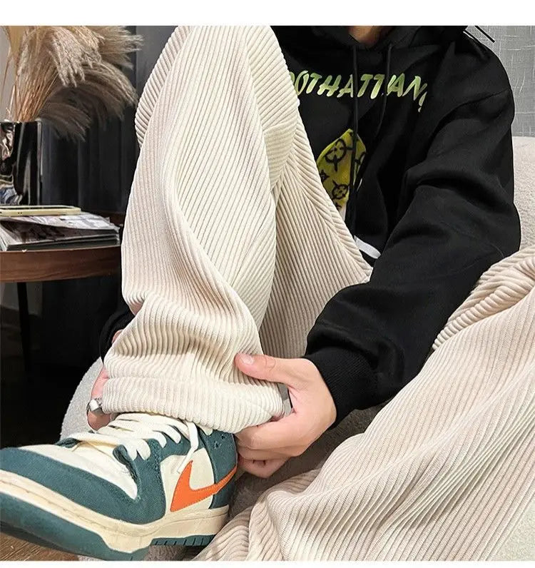Autumn Corduroy Straight Trousers Men Loose Solid Casual Drape Trousers Harajuku Fashion Drawstring Street Wide Leg Sweatpant voguable