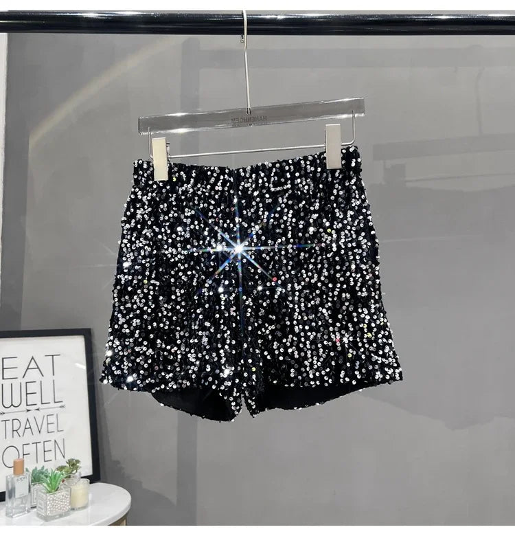Voguable  Europe and America Sequined Black Shorts Slim Suede Embroidered Beads Grey Casual Pants Women's Hot Pants voguable
