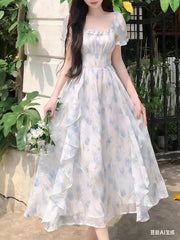 Voguable  Summer French Style Floral Printed Dress Slim Casual Long Chiffon Dress Short Sleeve Women Vacation Fairy Dress voguable
