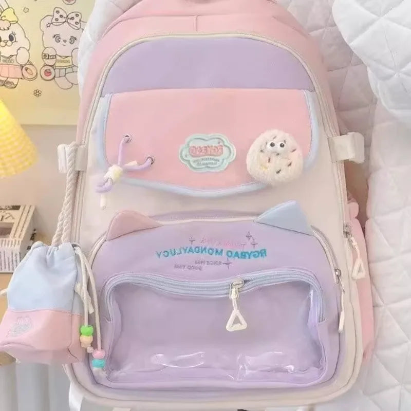 Fashion Transparent Sweet Kawaii Backpack High-capacity Y2k Aesthetic Schoolbag Women Students Contrast Color Patchwork Ita Bags voguable