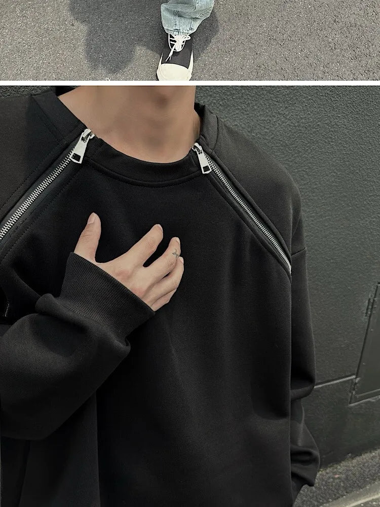 2025 Spring Men Sweatshirts Metal Zipper Solid Color Casual O Neck Fashion Oversize Streetwear Hip Hop Male White/Black voguable