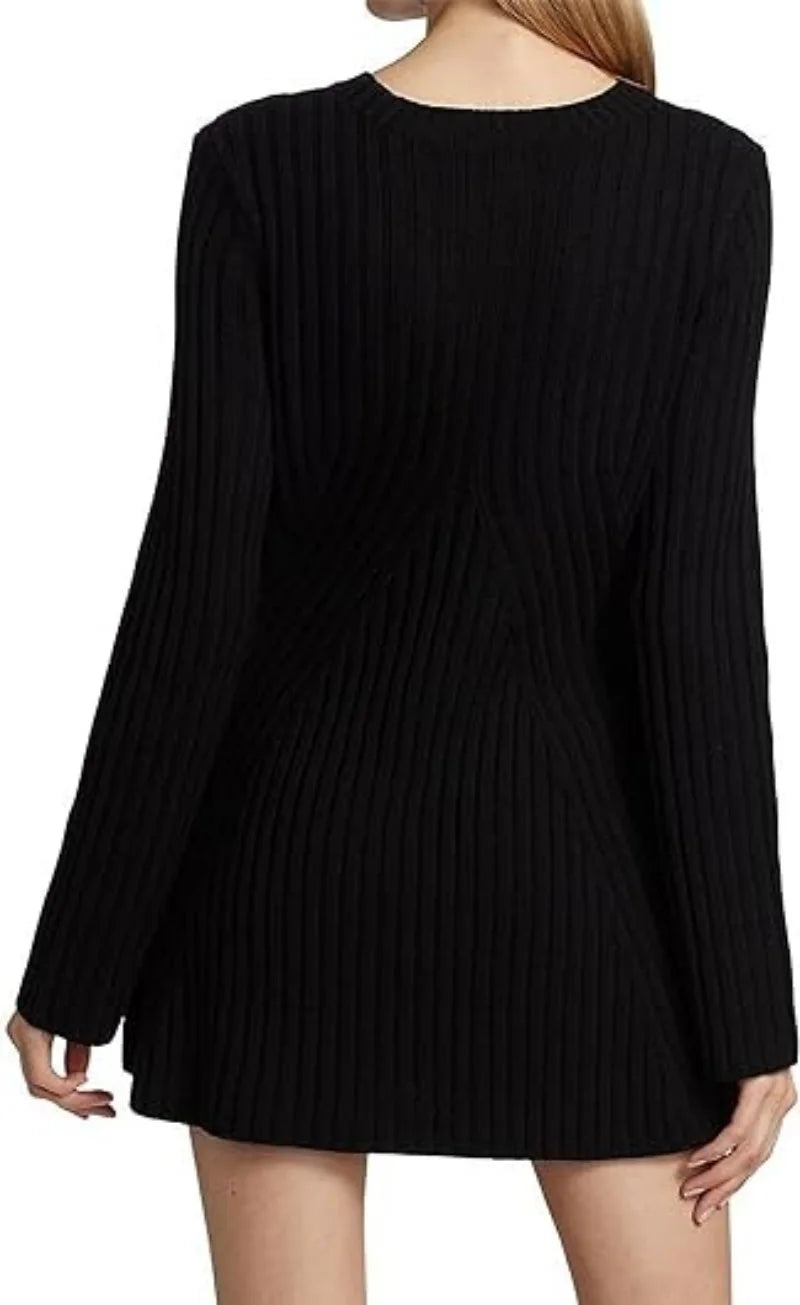 Women Elegant Solid Knitted Mini Dress Fashion Long Sleeve O Neck Ribbed Dresses Autumn Winter Female Streetwear Robes voguable