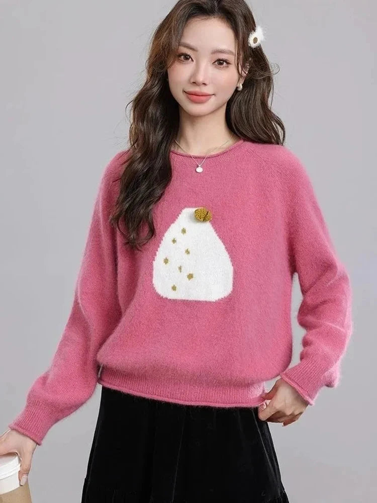 Chic Print Sweet Sweaters Women Casual Preppy Style Cute O Neck Pullover Loose Long Sleeve Fashion Fall Winter Korean Jumper New voguable
