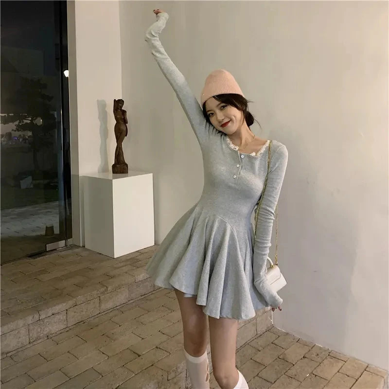 Black Lace Patchwork Dress Women Korean Chic Square Collar Long Sleeve Mini Dress Fall Fashion Preppy All-Match Bottoming Dress voguable