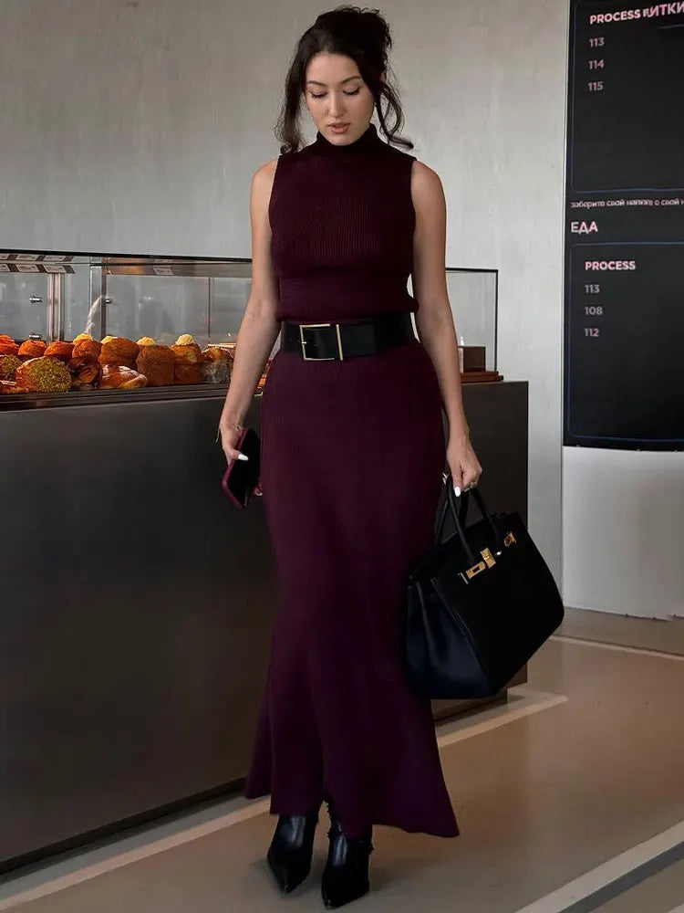 Elegant Knitwear 2 Piece-Set Long Dress Female Ribbed Sweater Pullover And Loose Patchwork Maxi Skirt Sets Ladies Outfits voguable