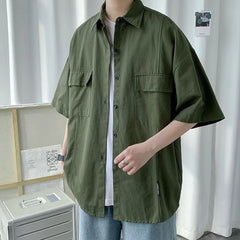Working Pocket Solid Color Pure Cotton Short-sleeved Shirt Fashionable Summer Lapel Button Functional Half-sleeved Cardigan voguable