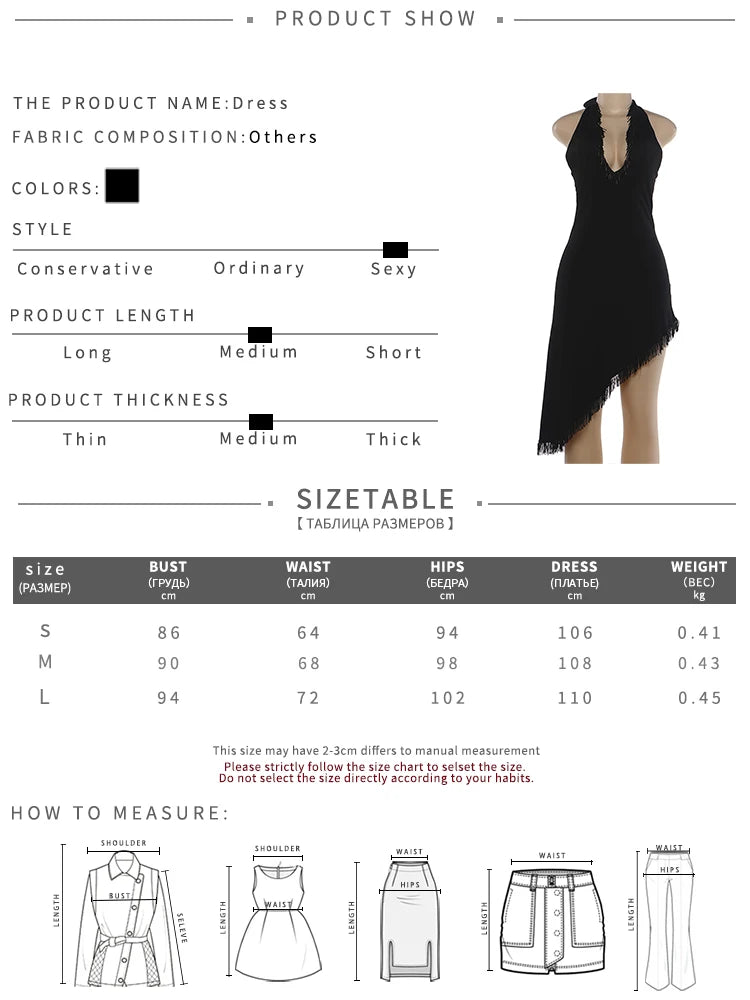 Voguable  Sexy Tassel Patchwork Dress Women Fashion Halter Bandages Irregular Hem Deep V-Neck Simple Elegant Party Club Bodycon voguable
