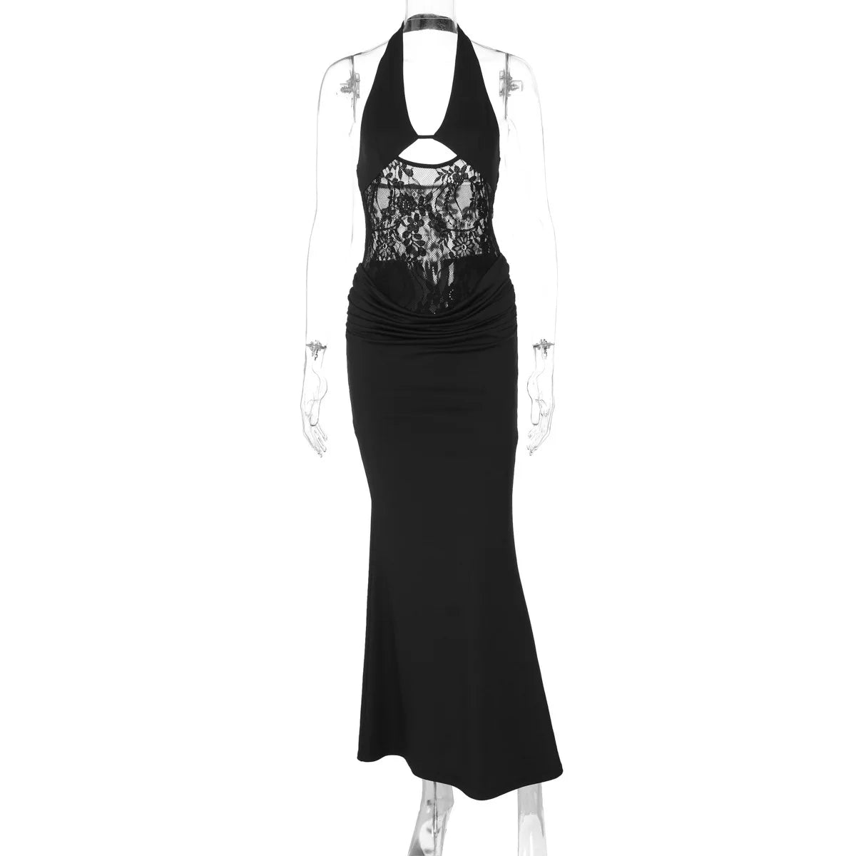 Sheer Lace Hollow Out Sexy Maxi Dress For Women Gown Halter Deep V Neck Sleeveless Backless Bodycon Long Dress voguable