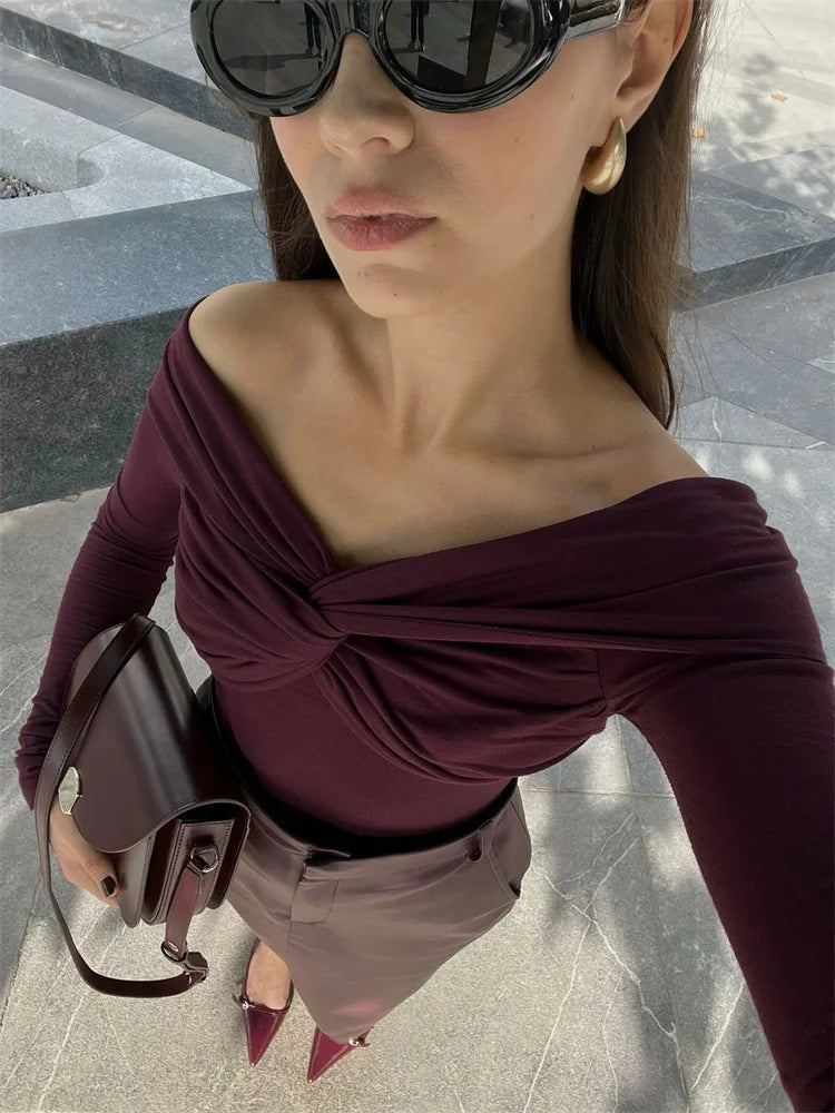 Summer Off-Shoulder Sexy T-shirt Top Women's Pleated Long Sleeve Inner V-Neck White Slim Twist Cropped Pullover Female Tee voguable