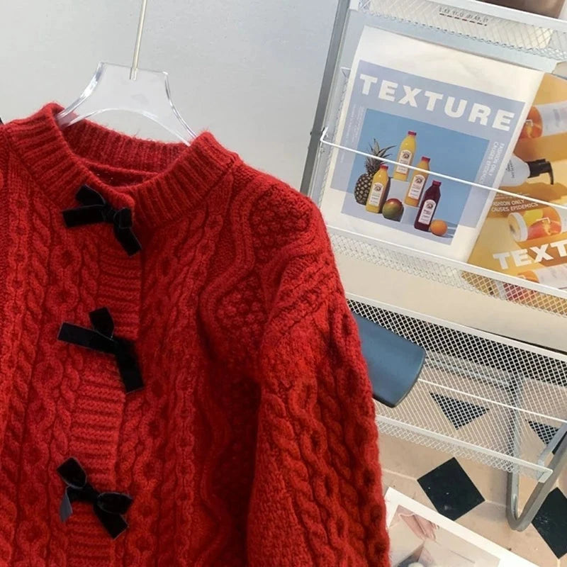 Preppy Style Bow Sweet Cardigan Women Cute Long Sleeve Solid Knitted Sweaters Casual Vintage O Neck Lady Fall Winter Top Outwear voguable