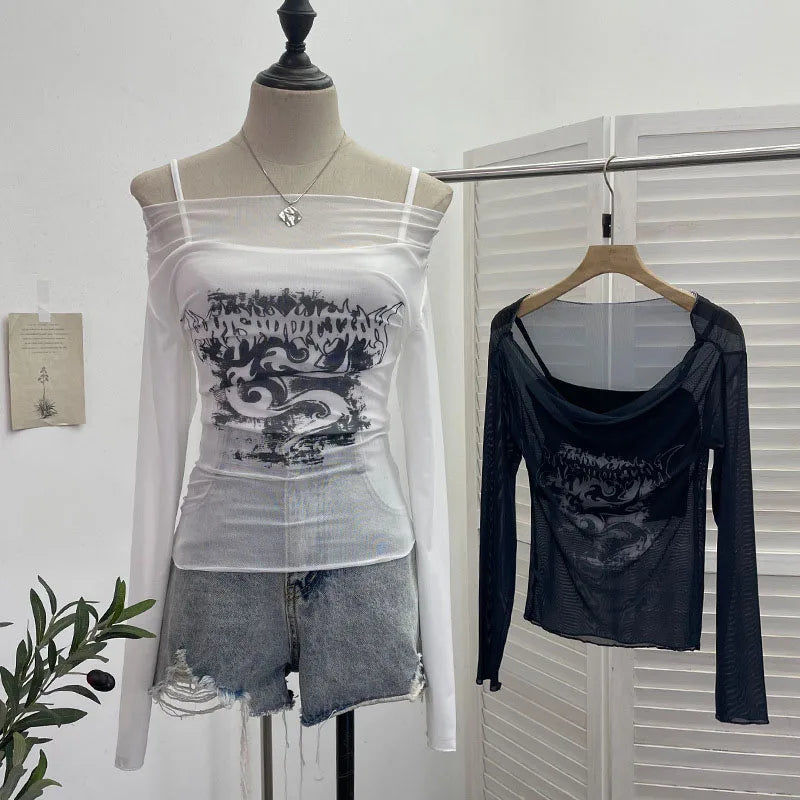 Sexy Slash Neck Mesh Sunscreen T Shirt Y2K Streetwear Print Long Sleeve Patchwork Camis Suit Fashion Folds Slim All Match Tees voguable