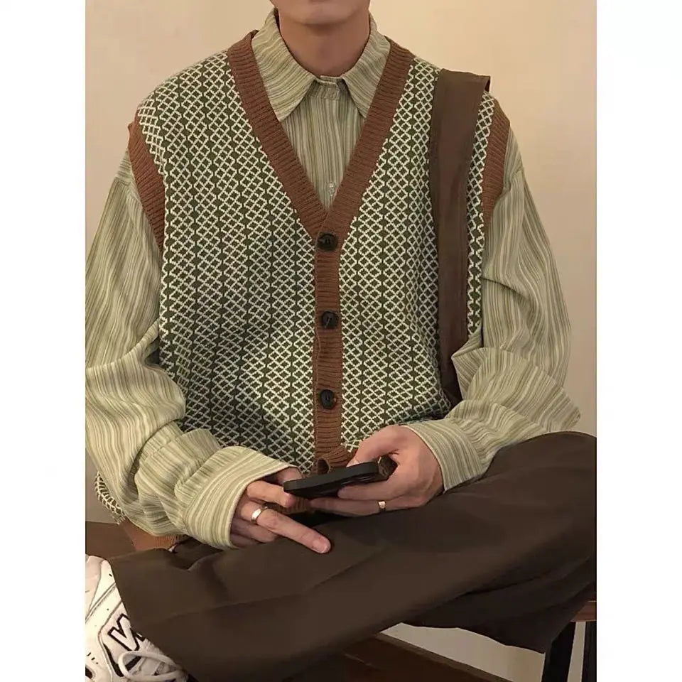 Voguable  Men's Loose Korean Style Trendy Versatile Retro Casual Knitted Cardigan Sweater Vest Japanese voguable