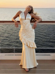 Voguable  Elegant Satin Backless Dress Women Classic Halter V-Neck Ruched Sleeveless Trend Fashion Birthday Party Club Vestidos voguable