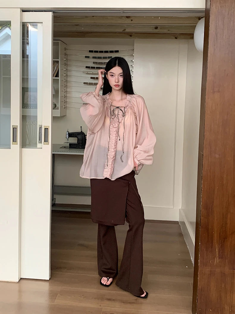 Fall 2025 Fashion Woman Ruffle Lantern Sleeve Sheer Blouse Women V Neck Bandage Oversize Top Designer Fashion Clothes voguable