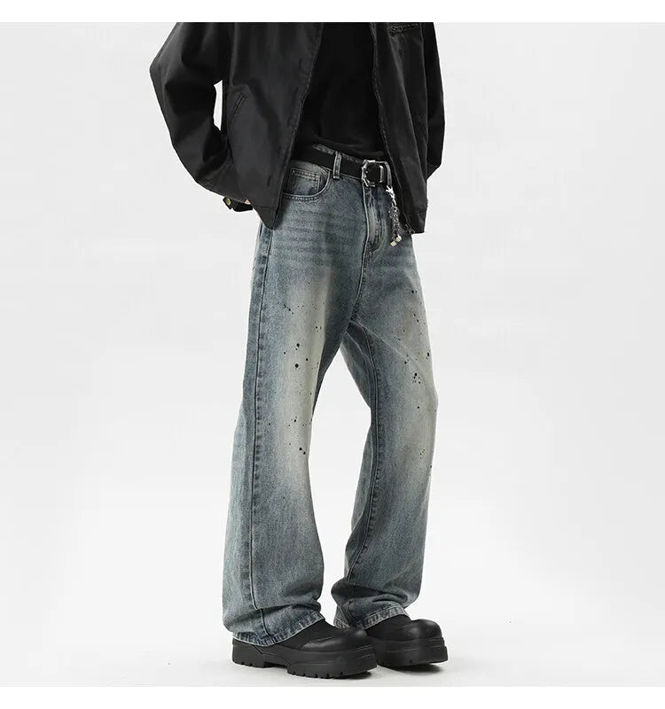 Summer Men's Denim Pants Old Blue Washed Male Jeans Straight fleck Casual Menwear Loose Wide Leg Trousers 2024 New Fashion voguable