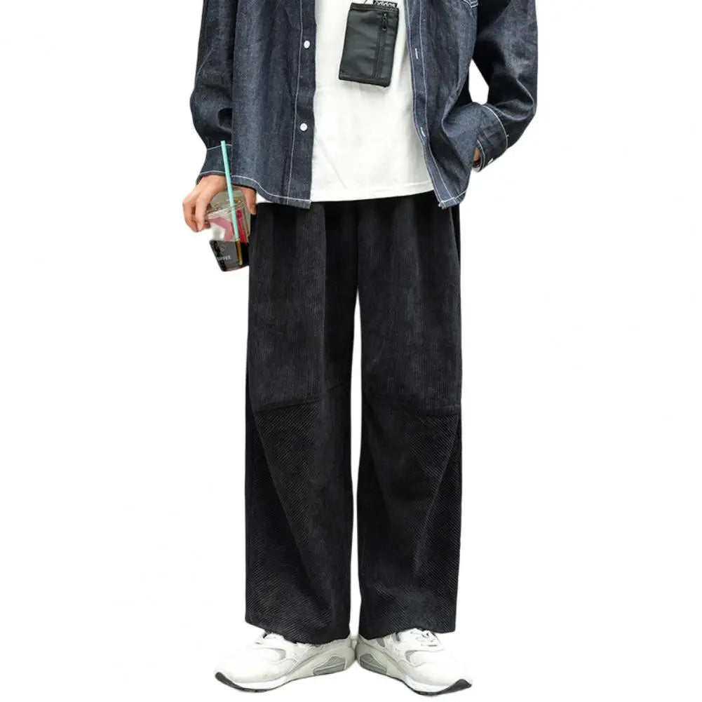 Autumn Men Pants Solid Color Wide Leg Elastic Waist Loose Straight Corduroy Trousers Relaxed Fit Corduroy Pants for Jogging voguable
