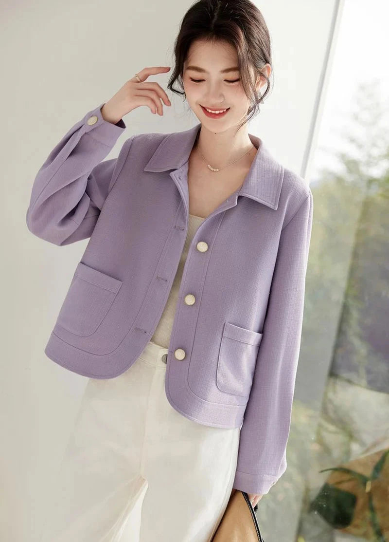 Elegant Slim Purple Jacket Women Sweet Long Sleeve Small Fragrance Coat Casual Fall Winter Lady French Pockets Fashion Tops voguable