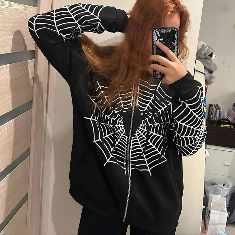 Y2k Rhinestone Skeleton Hoodies Women Gothic Black Zip Up Oversized Sweatshirts Female Retro Harajuku Hooded Jackets Streetwear voguable