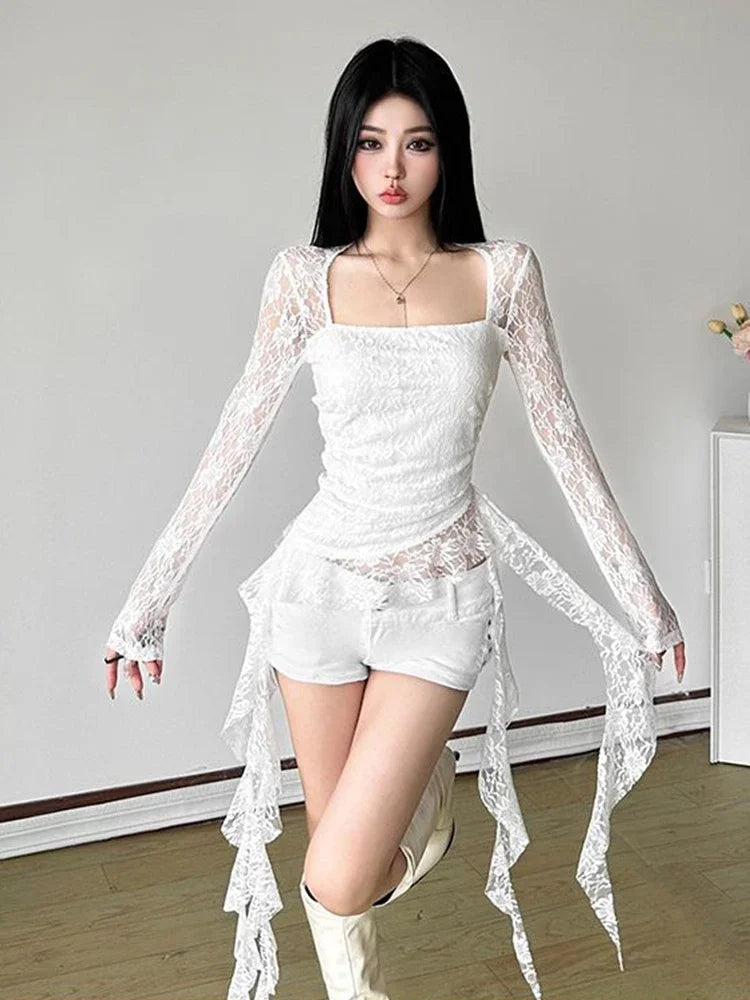 Y2K Ruffles Lace T Shirts Women Sexy Slim Long Sleeve Streetwear Tops Fashion Square Collar Irregular Design Female Tees voguable