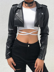 Voguable  Black PU Leather Crop Jacket Street Wear Punk Style Women Coats Long Sleeve Turn-Down Zipper Short Jacket Fashion voguable