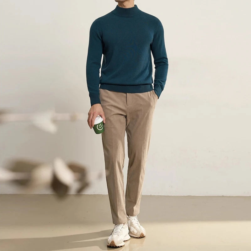 New American Retro Men Basic Sweater Luxury Knitted Solid Color Mock Neck Long Sleeve Pullover Casual Slim High Quality Knitwear voguable