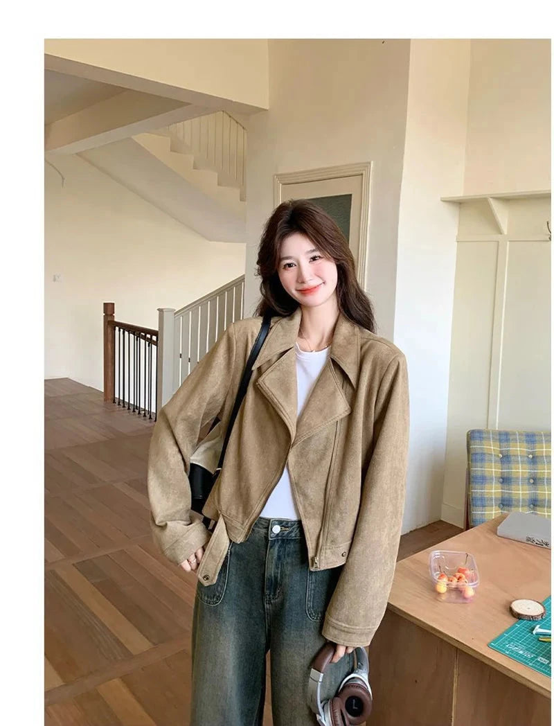 Retro Biker Faux Suede Jacket Women Fall Casual Long Sleeve Slim Short Coat Streetwear American Hip Hop Harajuku Tops New voguable